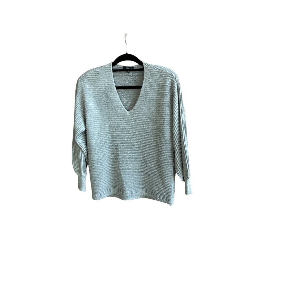1 State Metallic Silver Ribbed Knit Pleated Sleeves V Neck Sweater Size XS